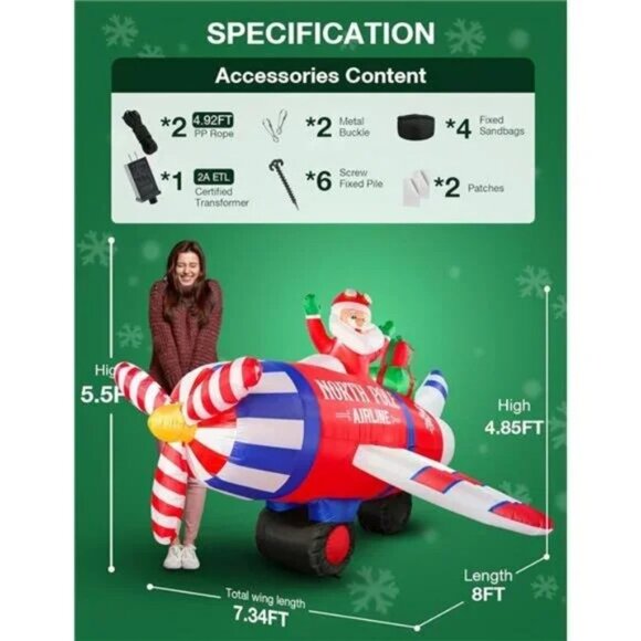 8FT Airplane Christmas Inflatable Outdoor Decor with LED Lights Santa Claus - Picture 6 of 8